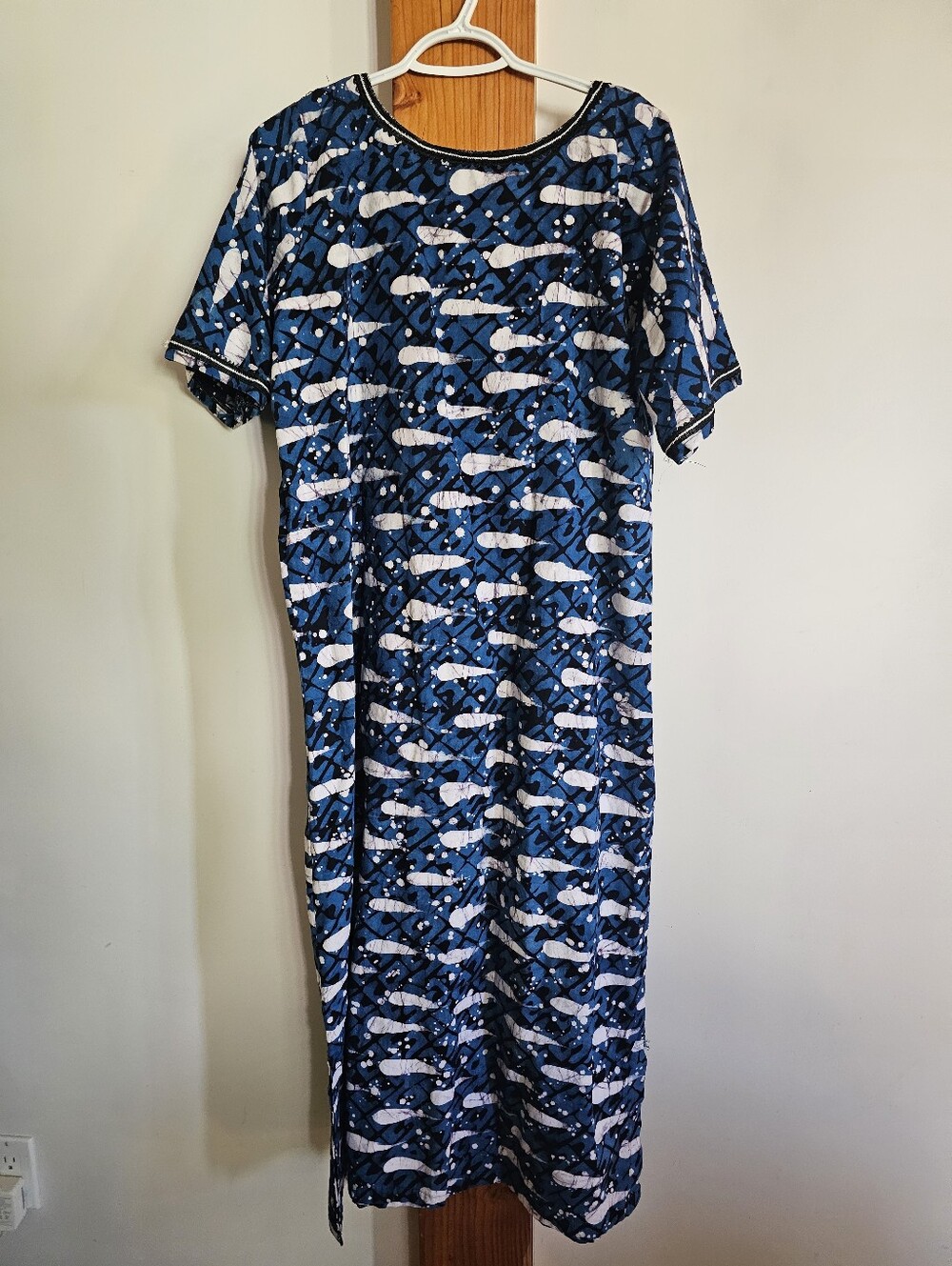 Vintage Cotton Batik Maxi Kaftan Dress Hidden Front Zipper Blue White Abstract